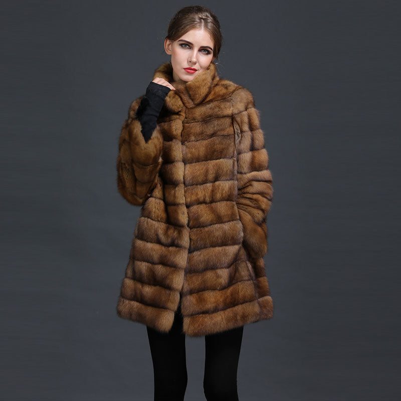 New winter Stable Chinchilla Fur Coat with hood Medium-Long Overcoat Genuine Luxury fur coat