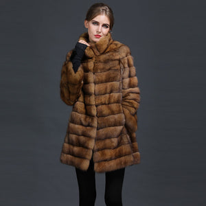 New winter Stable Chinchilla Fur Coat with hood Medium-Long Overcoat Genuine Luxury fur coat