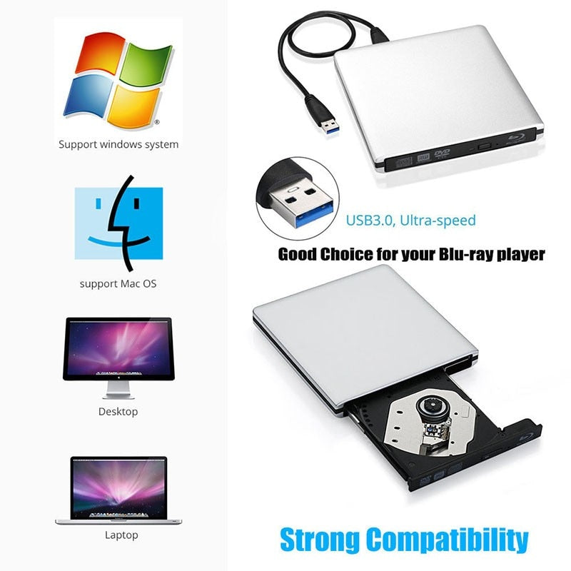ABS External USB3.0 Blu-ray Drive DVD Burner 3D Bluray Player DVD Drive BD-ROM DVD-RW Burner Writer For Macbook Laptop PC