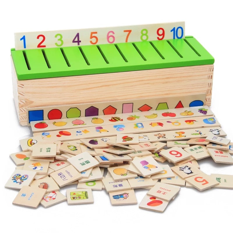 Kids Montessori Sorting Box Learning Fruit Digital Vehicle Shape Cognition Classified Toys Wooden Cards Puzzles Early Education