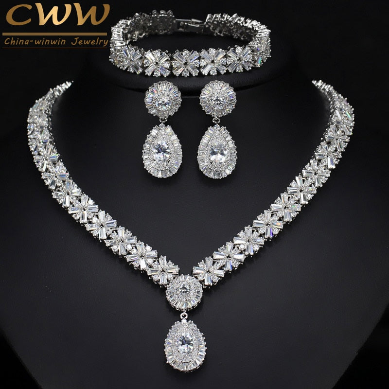 CWWZircons Exclusive Dubai Gold Plate Jewellery Luxury Cubic Zirconia Necklace Earring Bracelet Party Jewelry Set for Women T053