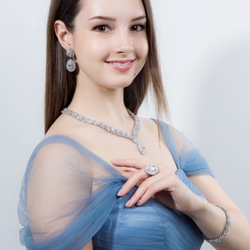 CWWZircons Exclusive Dubai Gold Plate Jewellery Luxury Cubic Zirconia Necklace Earring Bracelet Party Jewelry Set for Women T053