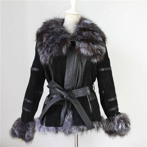 IANLAN Genuine Leather , Silver Fox Fur Collar & Cuff  Jacket
