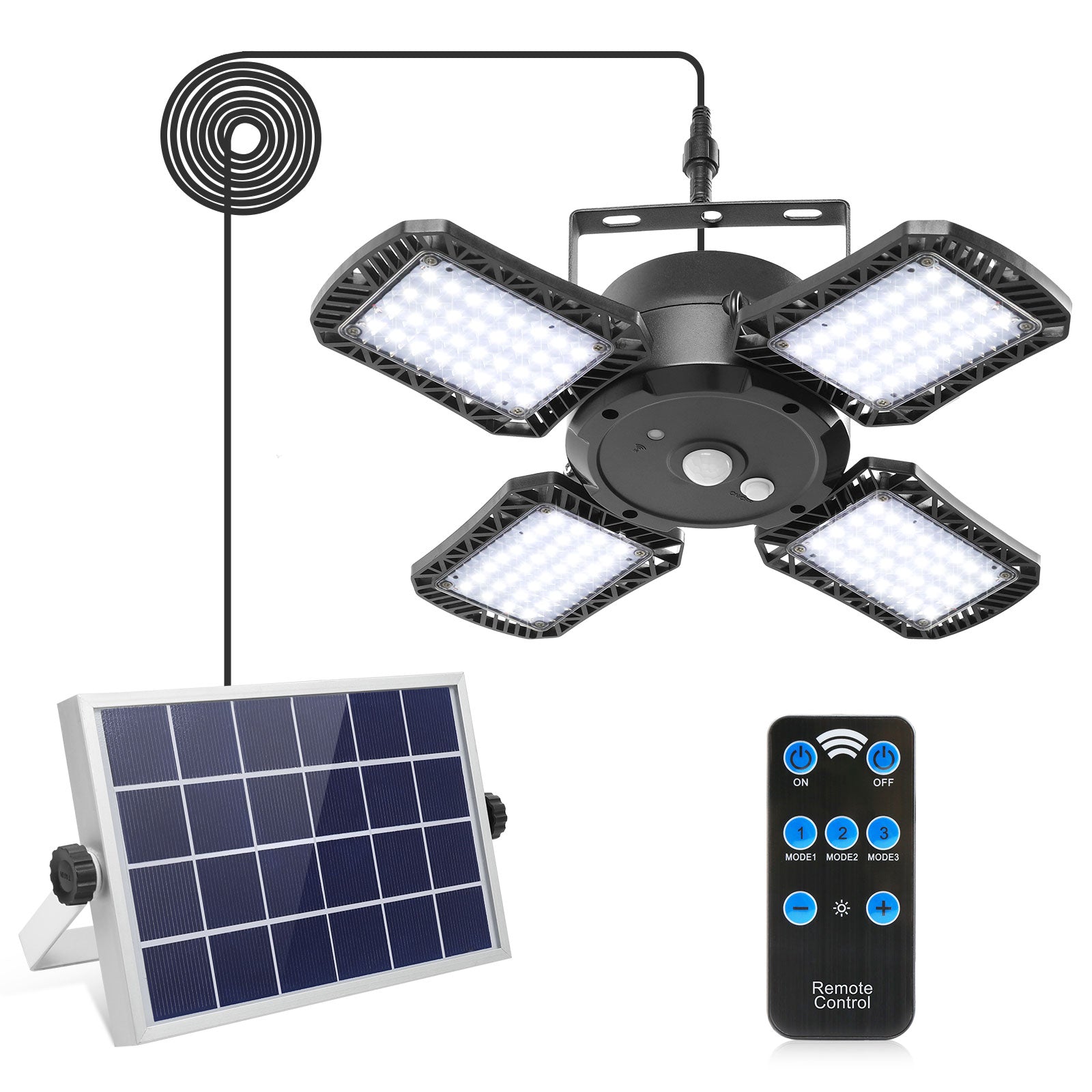 Solar Pendant Light with Remote Control Outdoor Solar Powered LED Sensor Lamp Dimmable Security Light for Garage Garden Porch