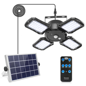 Solar Pendant Light with Remote Control Outdoor Solar Powered LED Sensor Lamp Dimmable Security Light for Garage Garden Porch