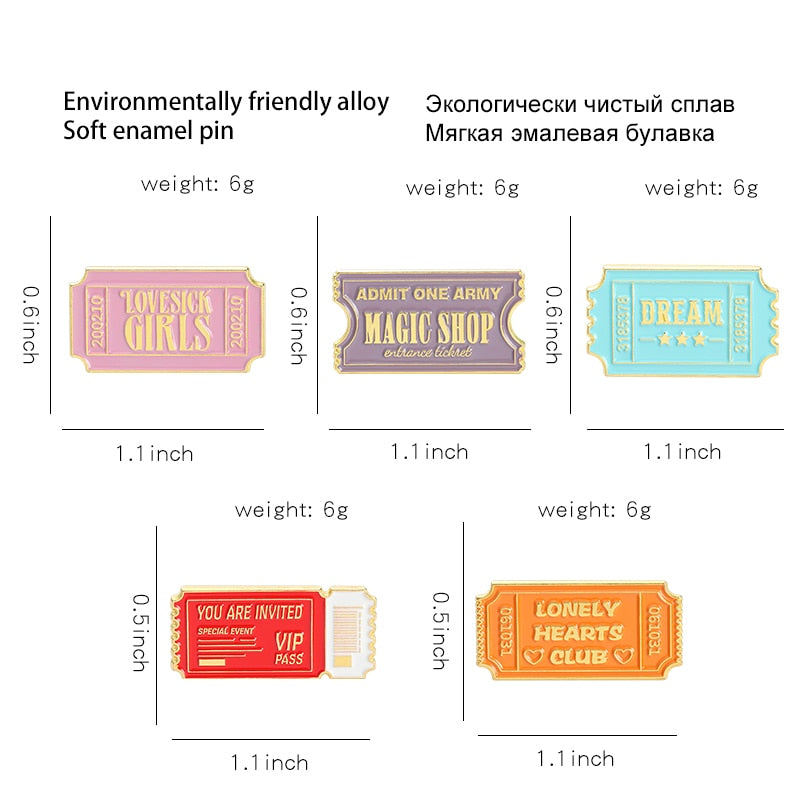 Tickets Enamel Pins Custom Dream Admit One Pass Brooch Lapel Badge Bag Cartoon Jewelry Gift for Kids Friends