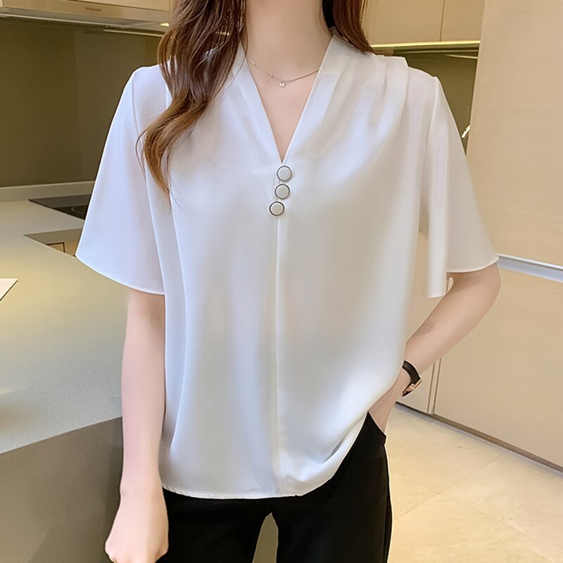 Chiffon White Shirt Women Blouse And Tops Summer Shirts V-Neck Woman's Clothing Casual Loose Buttons Short Sleeve Camisa mujer