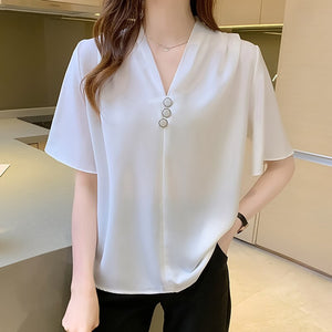 Chiffon White Shirt Women Blouse And Tops Summer Shirts V-Neck Woman's Clothing Casual Loose Buttons Short Sleeve Camisa mujer