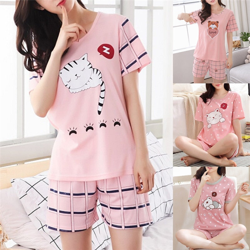 Women Pajamas Set Autumn Ladies Cute Cartoon Print Sleepwear Woman's Short Sleeved Household Clothing Set