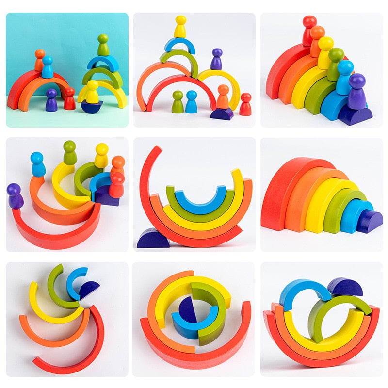 Creative Rainbow Blocks Wooden Toys Kids Geometric Building Blocks House Montessori Educational Stacker Wooden Toys Gifts