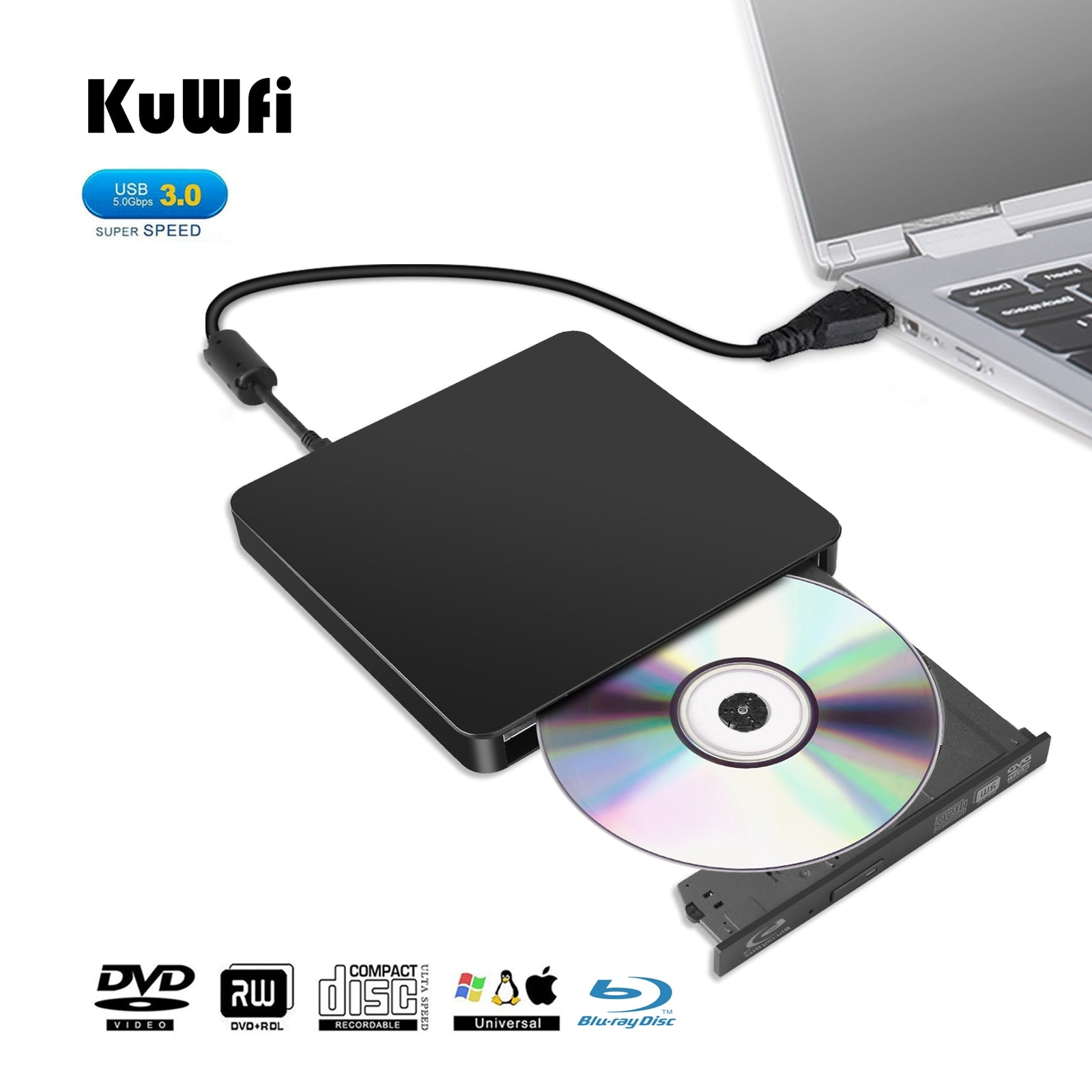 KuWfi External Blu-Ray Drive USB 3.0 Bluray Burner BD-RE CD/DVD RW Writer Play 3D Blu-ray Disc For PC/Laptop