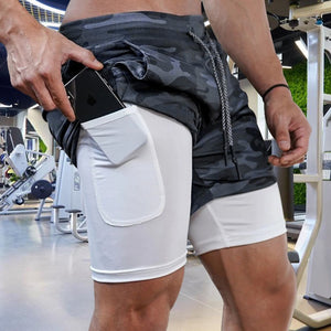 Men&#39;s Running Shorts Camo Gym Fitness Compression Workout Basketball 2 In 1 Tights Quick Dry Training Clothing Sports Shorts Man