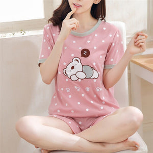 Women Pajamas Set Autumn Ladies Cute Cartoon Print Sleepwear Woman's Short Sleeved Household Clothing Set