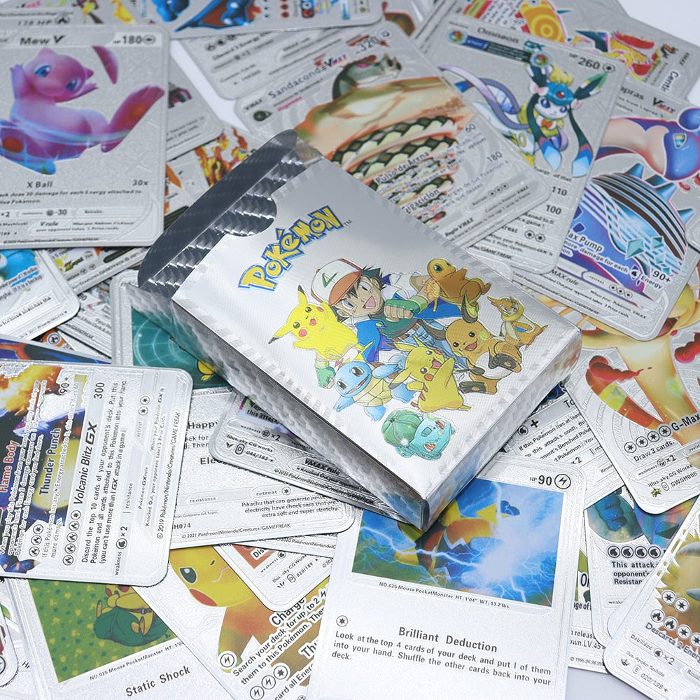 Pokemon Metal Card Spanish Box Gold Black Golden Letters Silver English Vmax Gx Collection Charizard Pikachu Cards Pack Toy Gift