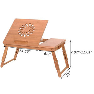 53cm Fashionable Sunflower Engraving Pattern Adjustable Bamboo Computer Desk Sandal Wood Color Laptop Desk Stand Table