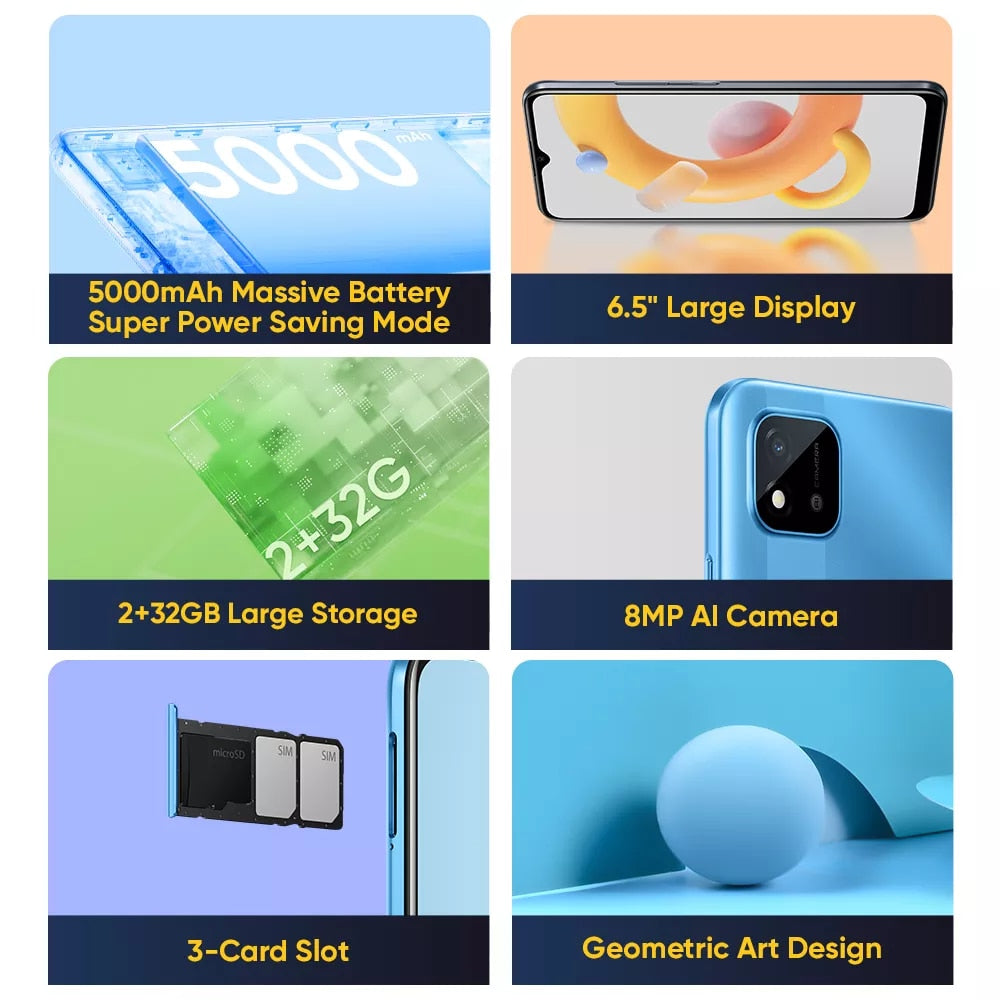 Global Version Realme C11 2021 2GB RAM 32GB ROM Smartphone 6.5 Large Display 8MP Camera 5000mAh Battery Play Store