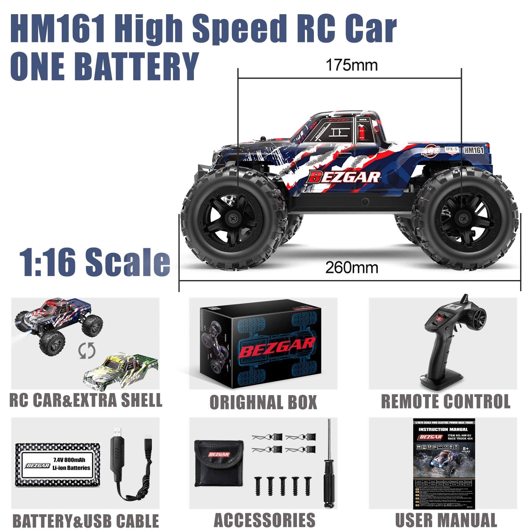 BEZGAR HM161 Hobby RC Car Truck 1:16 All-Terrain 40Km/h Off-Road 4WD Remote Control Monster Crawler with Battery for Kids Adults