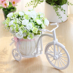 3pcs artificial Rose Flowers+vase Set Rattan bicycle with Fake fruit flowers table decoration wood fence Green plant flower set