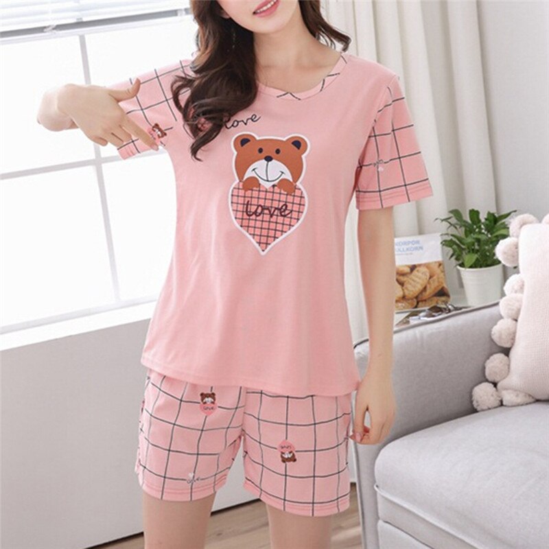 Women Pajamas Set Autumn Ladies Cute Cartoon Print Sleepwear Woman's Short Sleeved Household Clothing Set