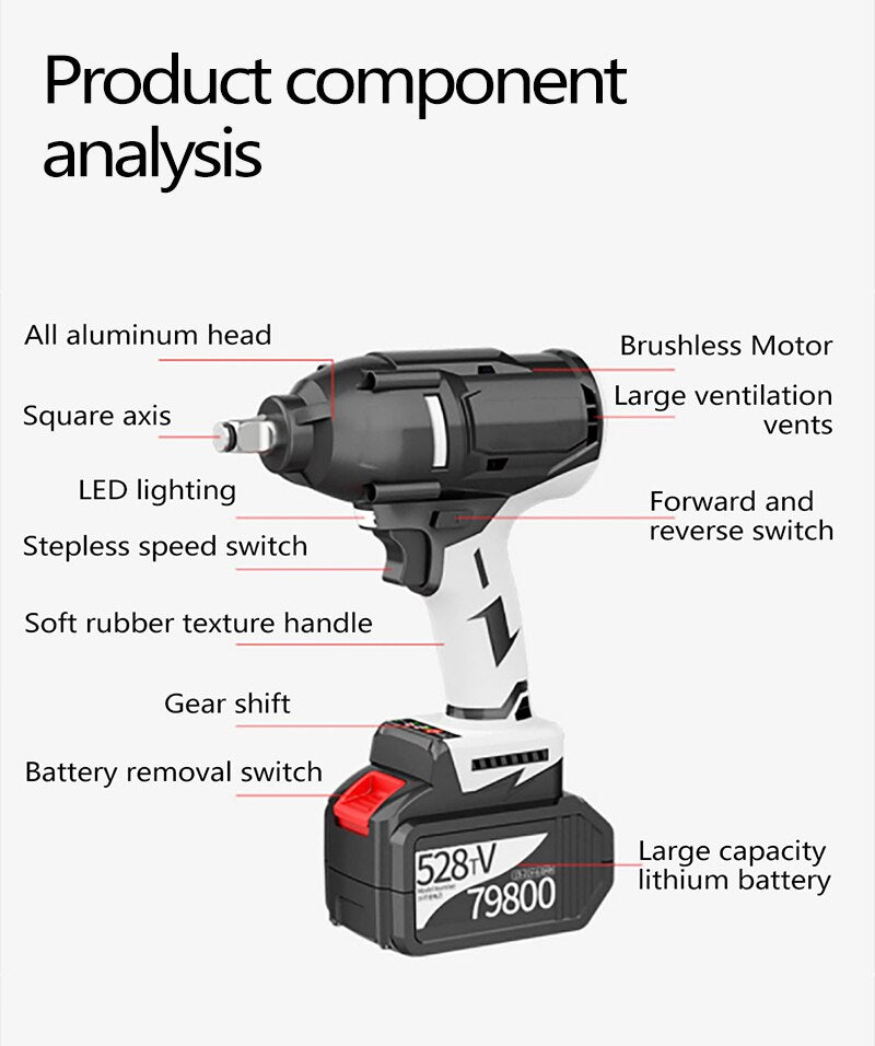 Cordless impact wrench 30000mah Electric Impact Wrench , 980N.m Max Torque, 3800rpm speed, Two-Direction Rocker Switch