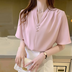 Chiffon White Shirt Women Blouse And Tops Summer Shirts V-Neck Woman's Clothing Casual Loose Buttons Short Sleeve Camisa mujer