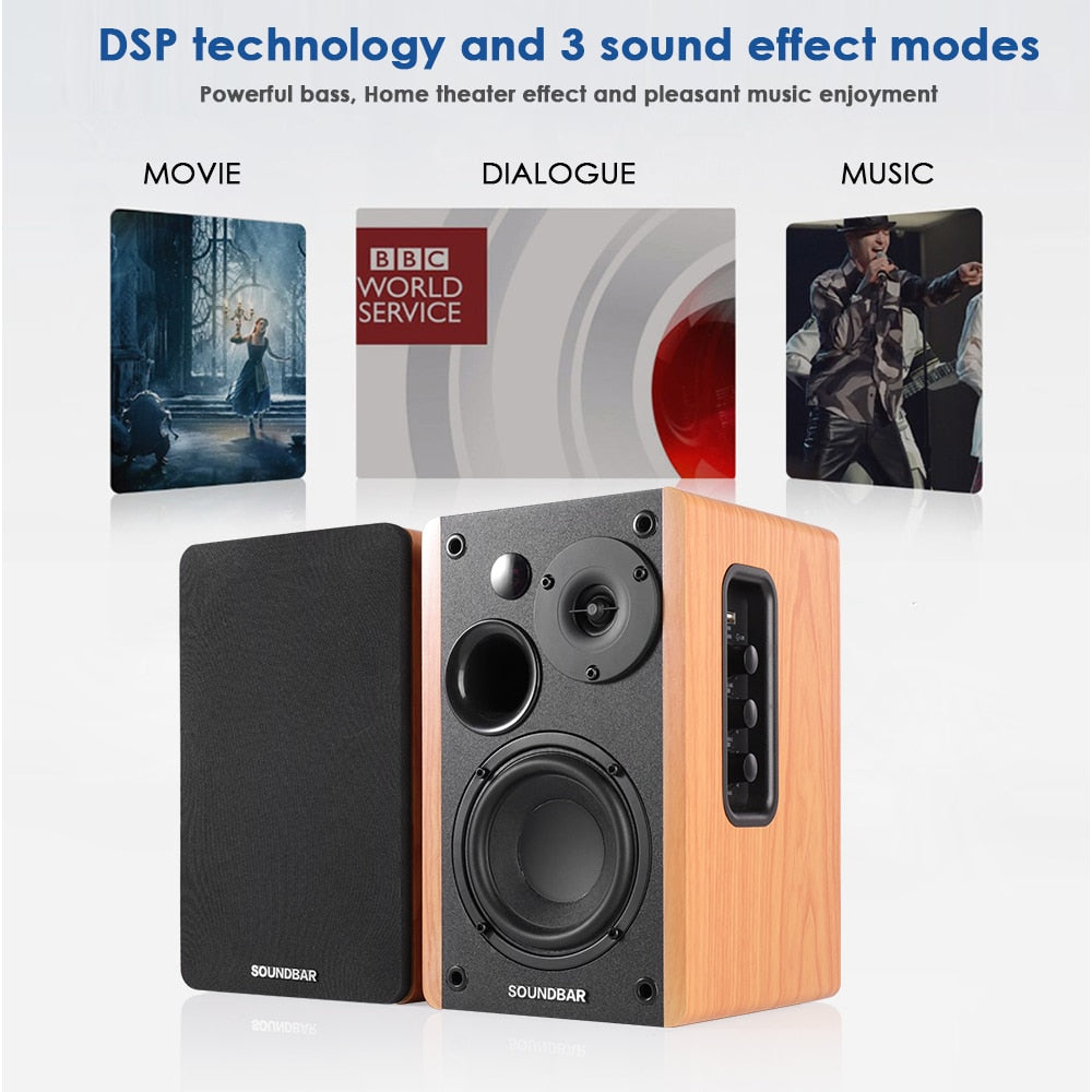 80W 2.0 HiFi Speaker Bookshelf Bluetooth Speaker Sound System Wood Music Speakers For TV Computer Soundbar 4.5Inch USB