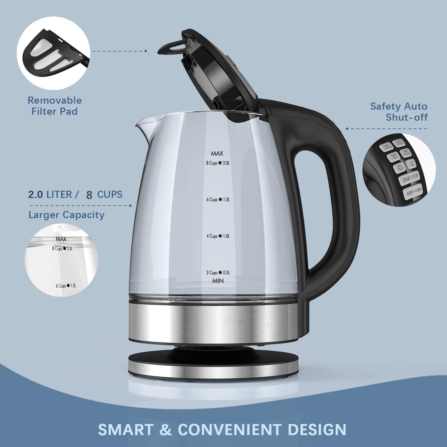 DEVISIB 2.0L Electric Kettle with Temperature Control Smart Tea Coffee Water Heater Teapot Cordless Kitchen Appliances 120V/220V