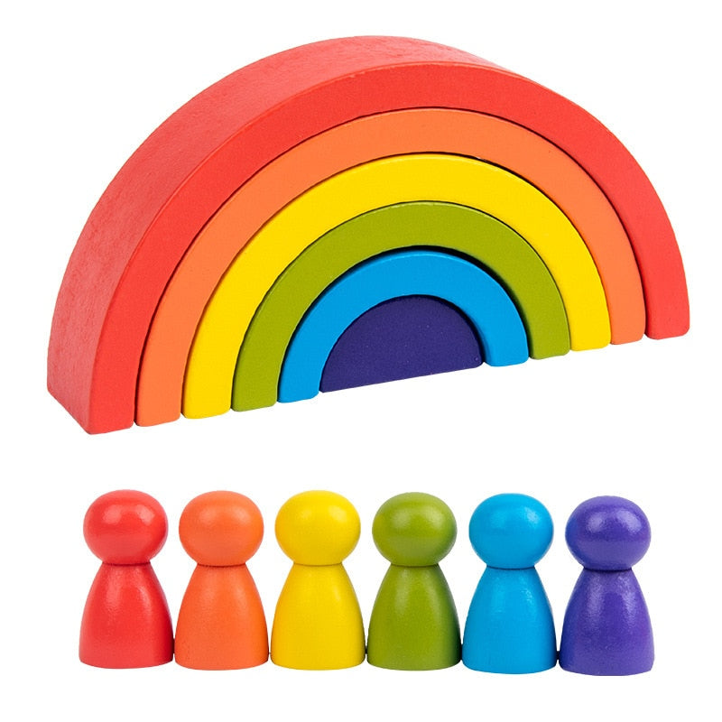 Creative Rainbow Blocks Wooden Toys Kids Geometric Building Blocks House Montessori Educational Stacker Wooden Toys Gifts