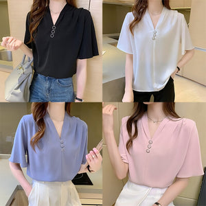 Chiffon White Shirt Women Blouse And Tops Summer Shirts V-Neck Woman's Clothing Casual Loose Buttons Short Sleeve Camisa mujer