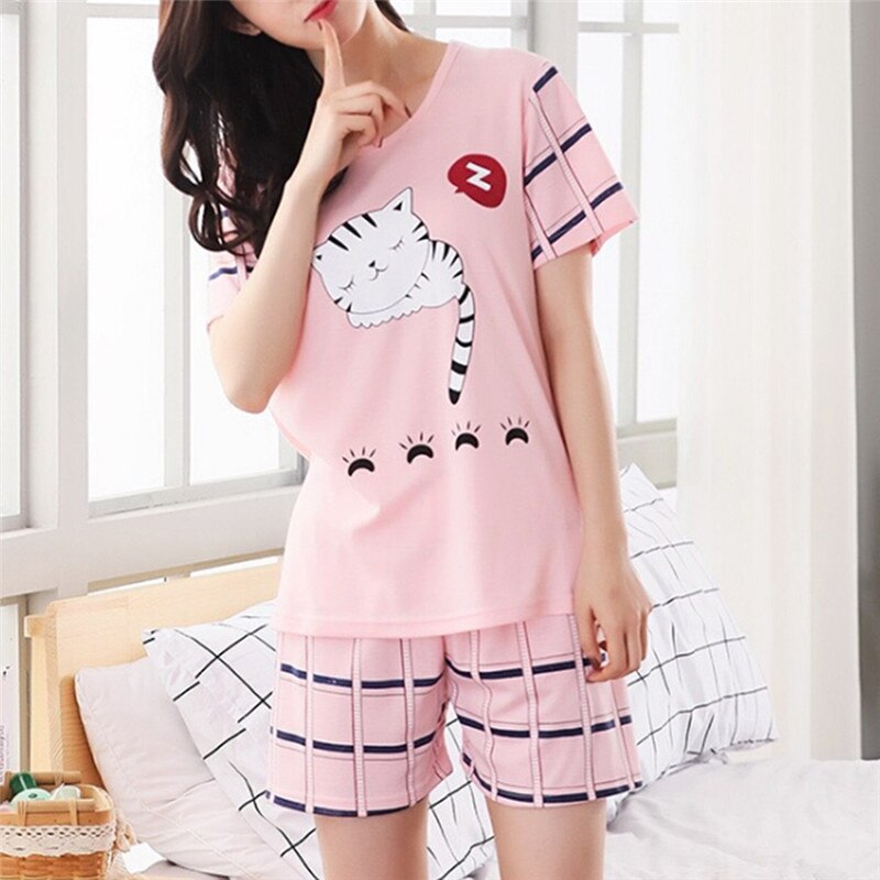 Women Pajamas Set Autumn Ladies Cute Cartoon Print Sleepwear Woman's Short Sleeved Household Clothing Set