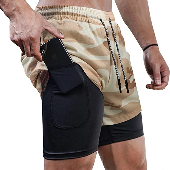 Men&#39;s Running Shorts Camo Gym Fitness Compression Workout Basketball 2 In 1 Tights Quick Dry Training Clothing Sports Shorts Man