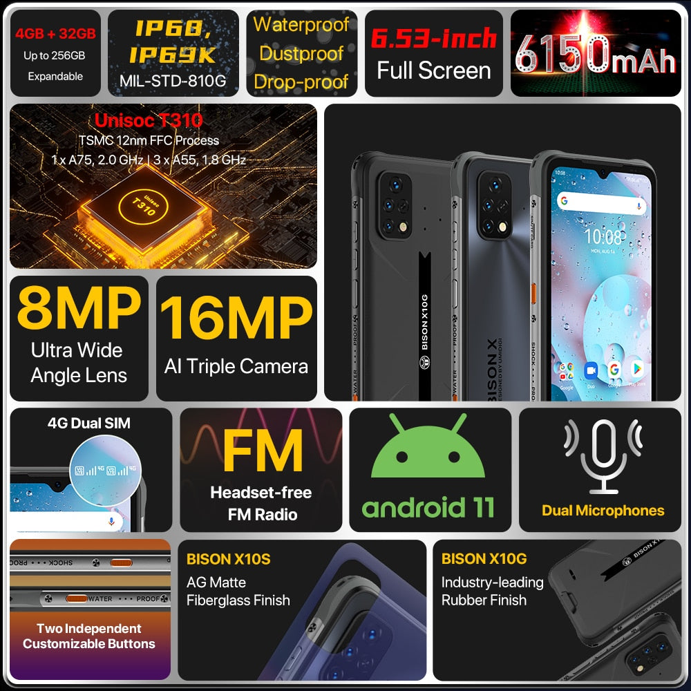 [Premiere] UMIDIGI BISON X10S X10G 6150mAh Battery Global Version Smartphone 4GB+32GB IP68/IP69K Waterproof Rugged NEW Phone