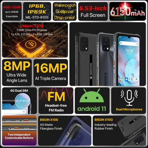 [Premiere] UMIDIGI BISON X10S X10G 6150mAh Battery Global Version Smartphone 4GB+32GB IP68/IP69K Waterproof Rugged NEW Phone