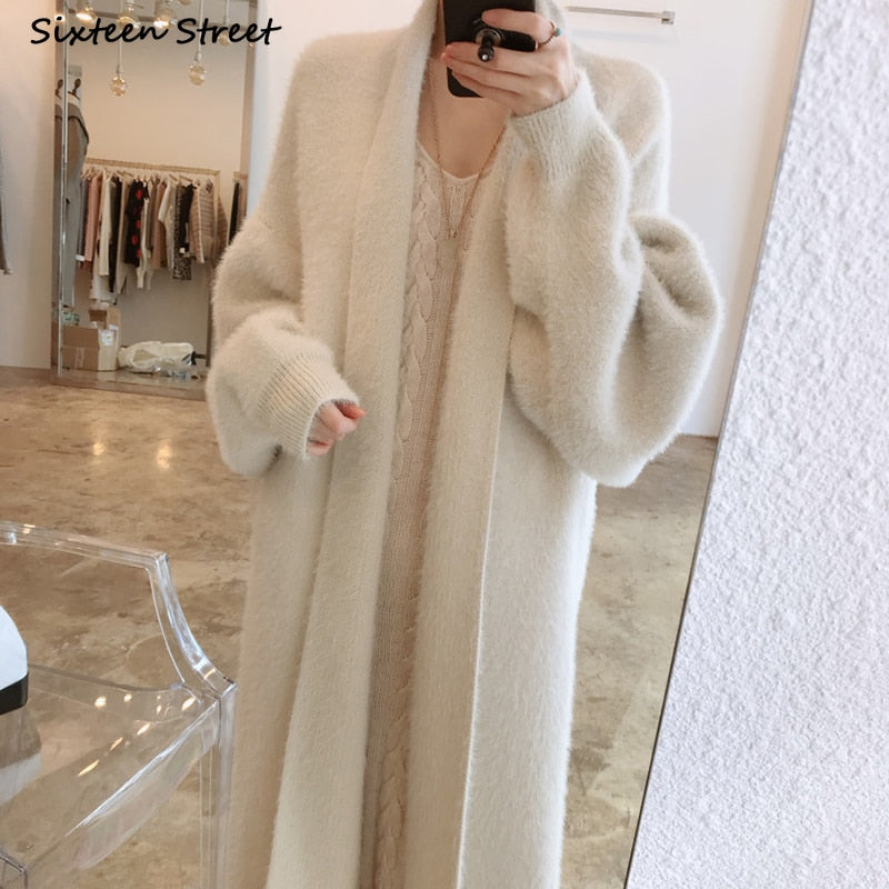 New Women Long Cardigan Fall Mink Cashmere Full-sleeve Oversized Cardigan Dress Woman Keep Warm Winter Woman's Clothing