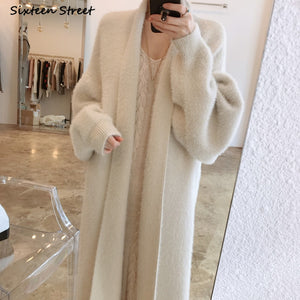 New Women Long Cardigan Fall Mink Cashmere Full-sleeve Oversized Cardigan Dress Woman Keep Warm Winter Woman's Clothing