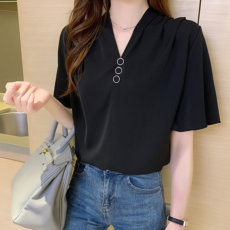 Chiffon White Shirt Women Blouse And Tops Summer Shirts V-Neck Woman's Clothing Casual Loose Buttons Short Sleeve Camisa mujer