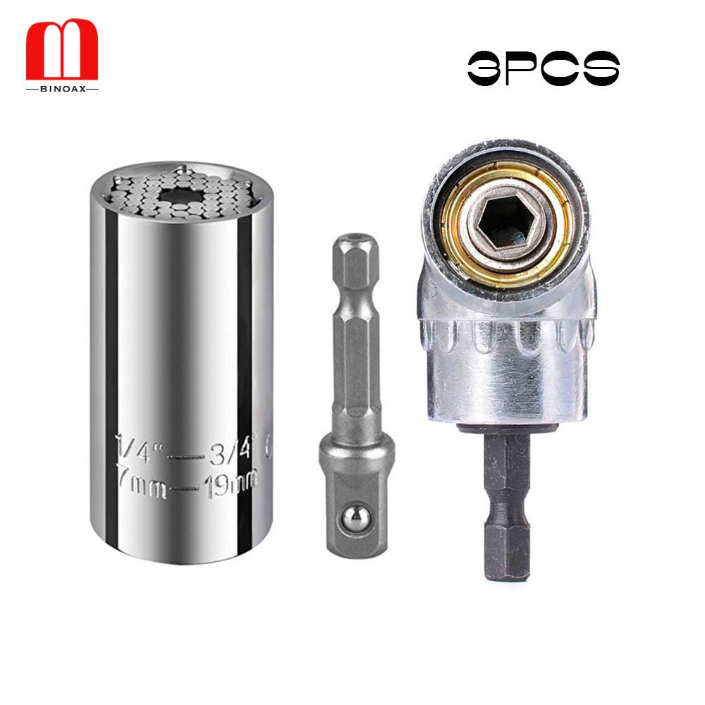 BINOAX 7mm-19mm Universal Socket Grip Ratchet Wrench Power Drill Adapter &amp; 105 Degree Right Angle Driver Extension Power Drill B