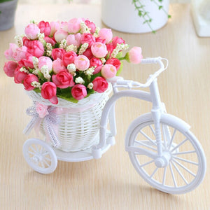 3pcs artificial Rose Flowers+vase Set Rattan bicycle with Fake fruit flowers table decoration wood fence Green plant flower set