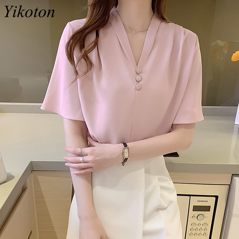 Chiffon White Shirt Women Blouse And Tops Summer Shirts V-Neck Woman's Clothing Casual Loose Buttons Short Sleeve Camisa mujer