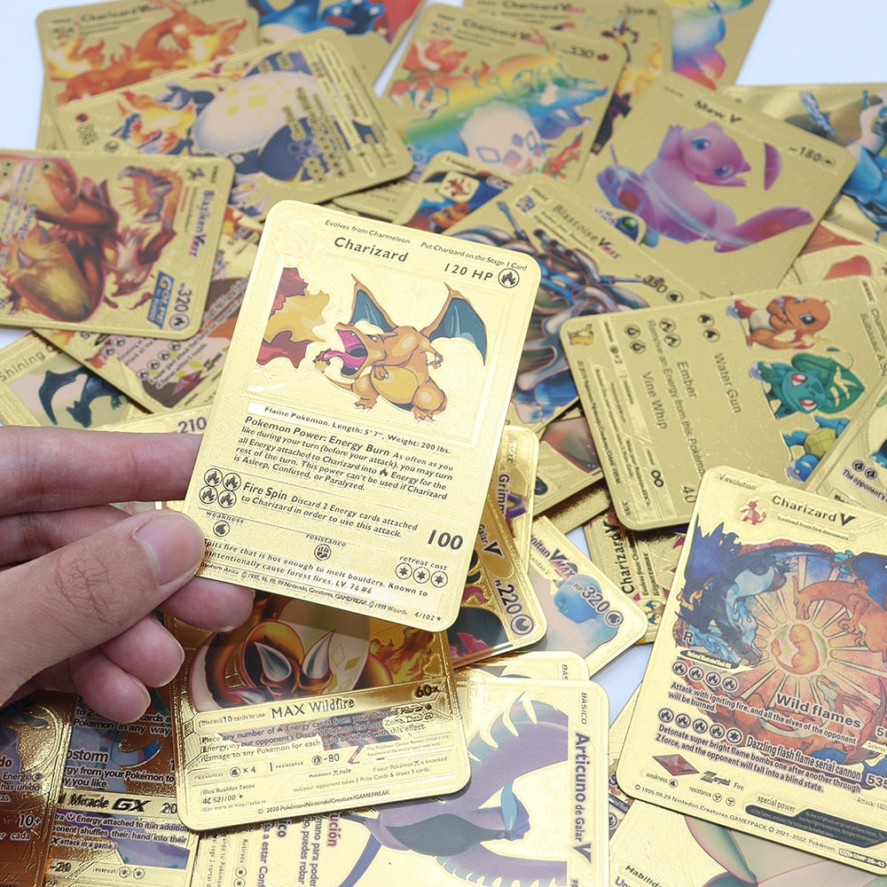 Pokemon Metal Card Spanish Box Gold Black Golden Letters Silver English Vmax Gx Collection Charizard Pikachu Cards Pack Toy Gift