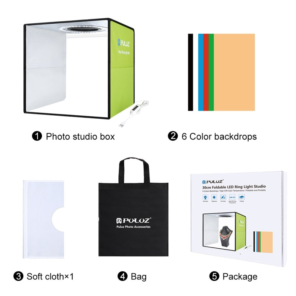 PULUZ Photo Studio Ring LED 30cm Light Box Shooting Tent Desktop Box Kit with 6 Colors Backgrounds Photography LightBox Kits 5V