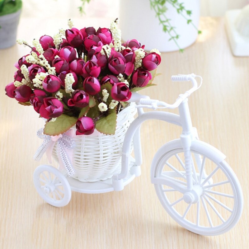 3pcs artificial Rose Flowers+vase Set Rattan bicycle with Fake fruit flowers table decoration wood fence Green plant flower set