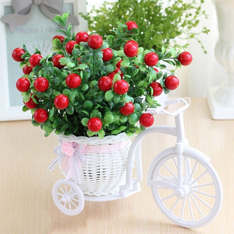 3pcs artificial Rose Flowers+vase Set Rattan bicycle with Fake fruit flowers table decoration wood fence Green plant flower set