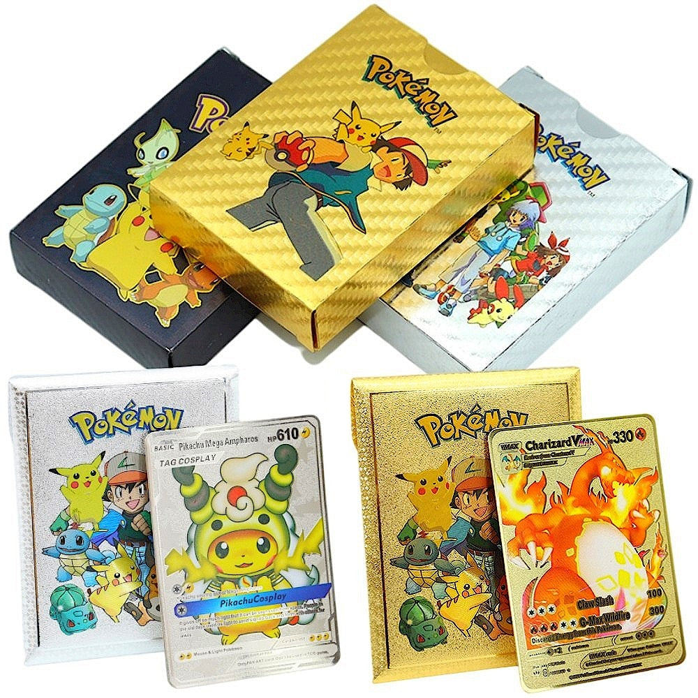 Pokemon Metal Card Spanish Box Gold Black Golden Letters Silver English Vmax Gx Collection Charizard Pikachu Cards Pack Toy Gift