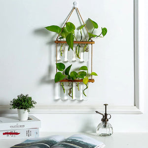 Ins Wall Hanging Glass Planter Terrarium Container Flower Bud Vase with Wooden Test Tube Holder for Propagation Hydroponic Plant