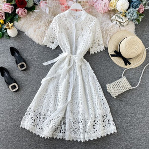 Design Hollow Out Woman's Dress Pink White Lace Elegant Party Dresses Bodycon Short-sleeve Summer Street Dress Woman Clothing