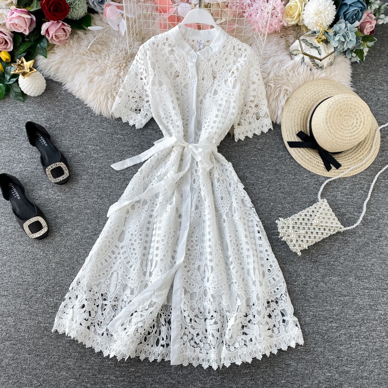 Design Hollow Out Woman's Dress Pink White Lace Elegant Party Dresses Bodycon Short-sleeve Summer Street Dress Woman Clothing