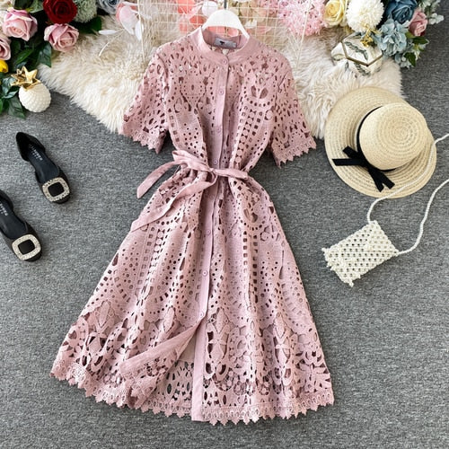 Design Hollow Out Woman's Dress Pink White Lace Elegant Party Dresses Bodycon Short-sleeve Summer Street Dress Woman Clothing