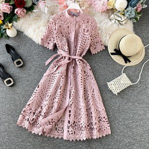 Design Hollow Out Woman's Dress Pink White Lace Elegant Party Dresses Bodycon Short-sleeve Summer Street Dress Woman Clothing