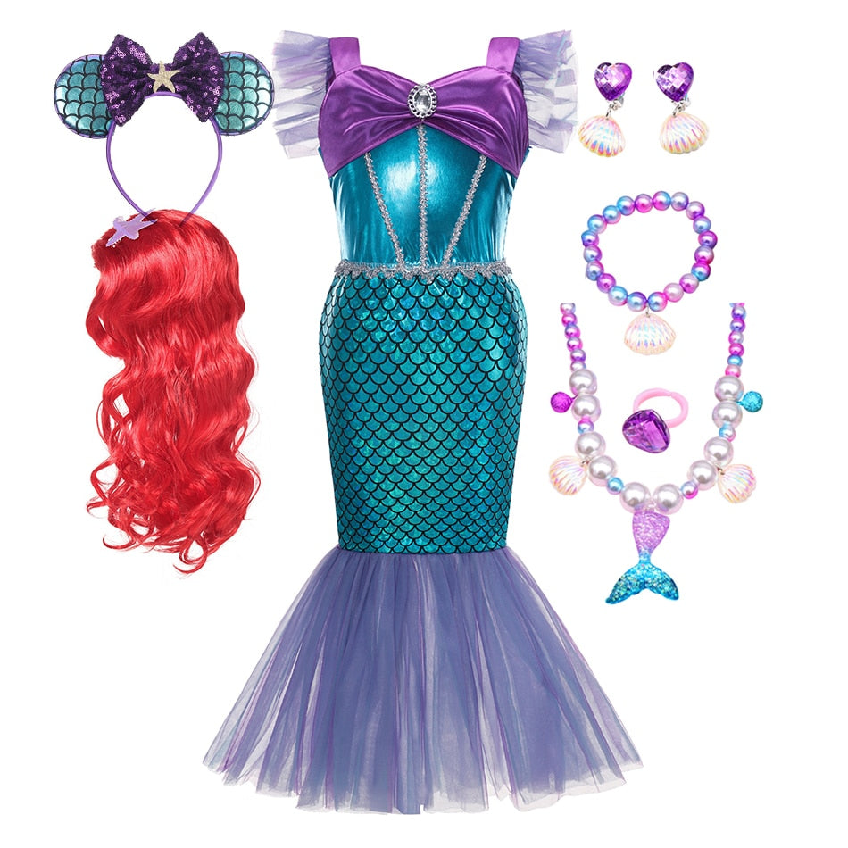 Disney Girl Princess Little Mermaid Ariel Dress Kids Cosplay Costume Children Carnival Birthday Party Clothes Summer Dress Girls